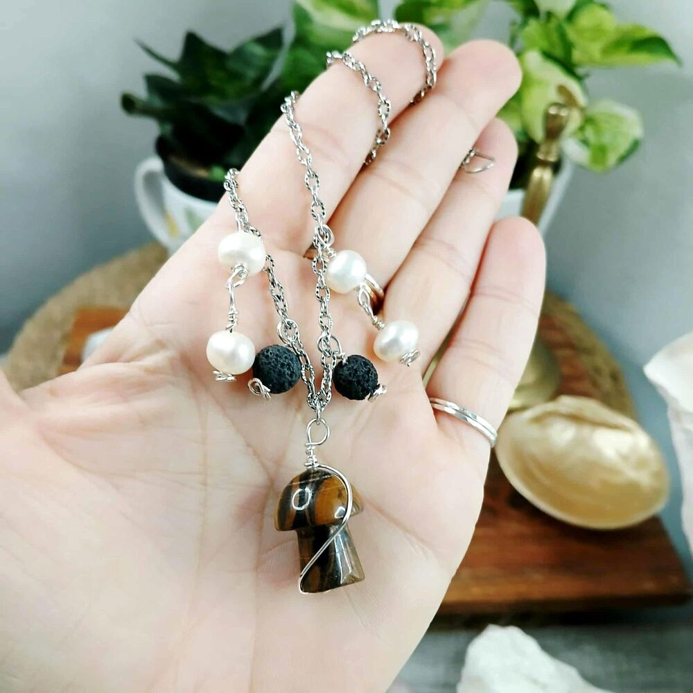 Tigers Eye Mushroom Choker Necklace, Pearl Lava Rock Gemstone Jewelry, 14"
